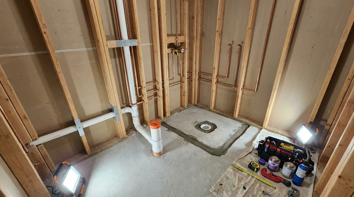 Bathroom rough-in plumbing during remodel by Johns Plumbing LLC in Tonawanda