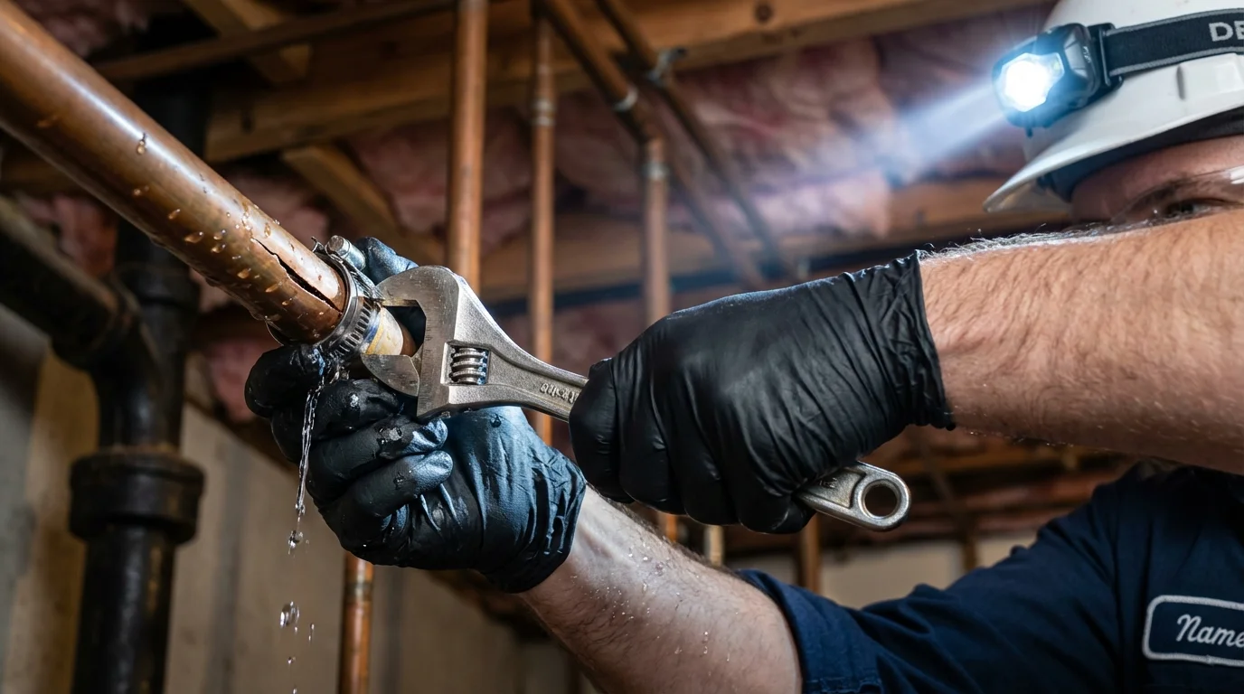Emergency pipe clamp repair being performed by a Johns Plumbing LLC plumber in Tonawanda