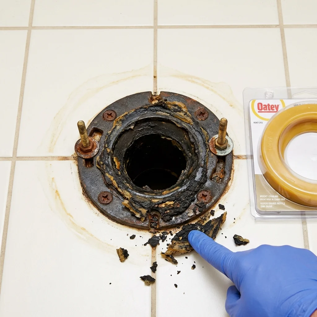 Failed wax ring showing water seepage at the base of a toilet in a Tonawanda, NY home