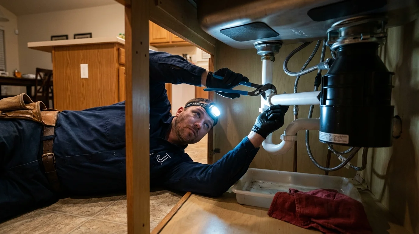 P-trap and supply line connections under a kitchen sink showing a common leak point in Tonawanda, NY